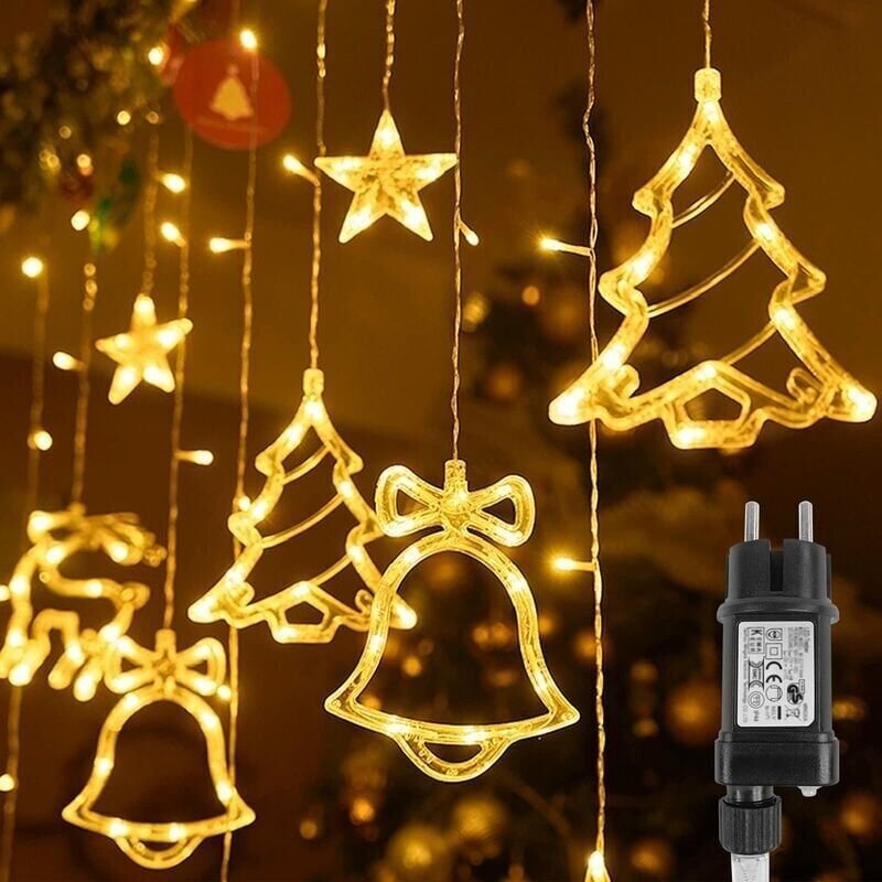 Weihnachtslichterkette für Fenster, 138 LEDs, Sterne und Weihnachtsmotive, Schutzart IP44, 8 Modi, warmweiß