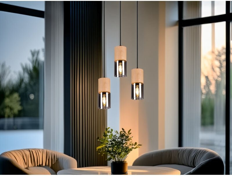 Meinewunschleuchte - Pendelleuchte yelle 3-flammig Lampenschirme Holz & Rauchglas, ø 37cm