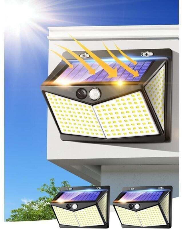 Projecteur Solaire 208 LED avec Détecteur de Mouvement IP65 Éclairage Extérieur pour Jardin Piscine 2 Pack