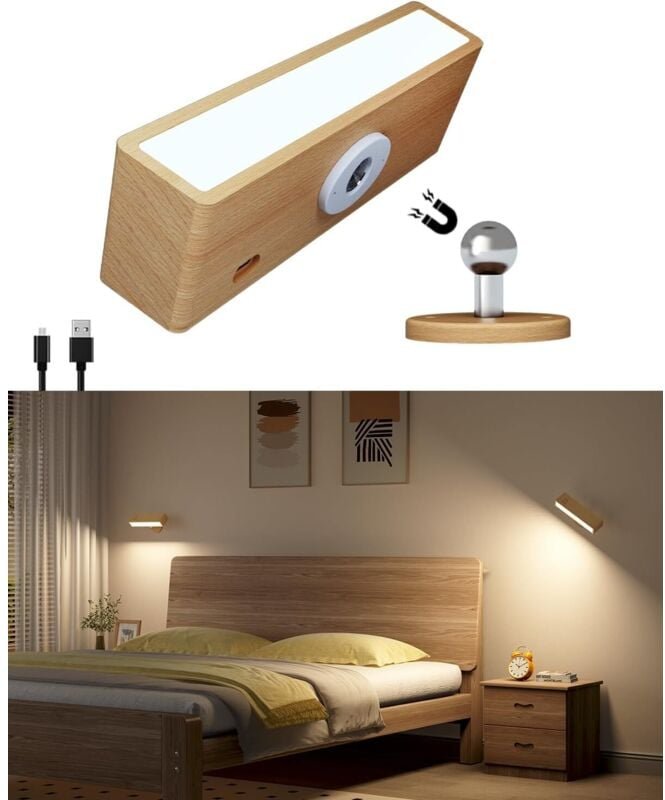 Wandleuchte aus Holz mit Batteriebetrieb, wiederaufladbare magnetische Wandleuchte, selbstklebende Wandleuchte fürs Schl...