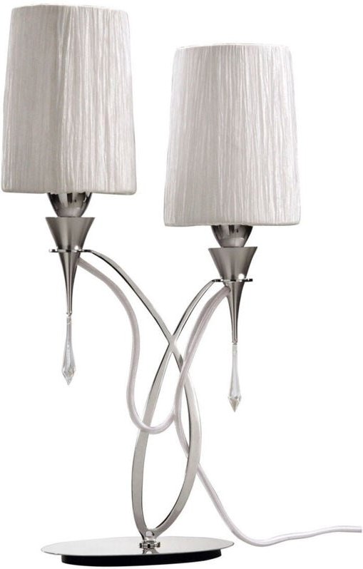 Inspired Mantra Fusion Lucca Lucca Tischlampe, 2-flammig, E27, poliertes Chrom mit weißen Schirmen und klarem Kristall