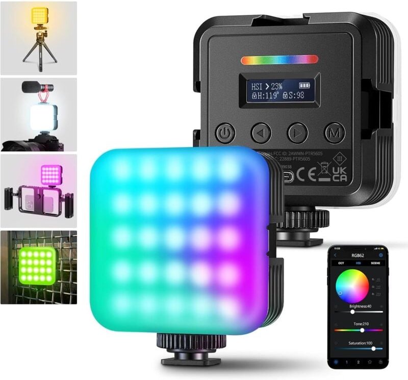GB62 Magnetisches RGB-Videolicht mit APP-Steuerung, 2er-Pack 360°-Farb-LED-Kameralicht mit 3 Kaltschuh-CRI97+ 2500K-8500...
