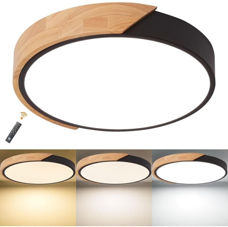 Dimmbare LED-Deckenleuchte (36 W, Ø 30 cm), Holz-Kronleuchter mit Fernbedienung, moderne Deckenleuchte für Wohnzimmer, K...