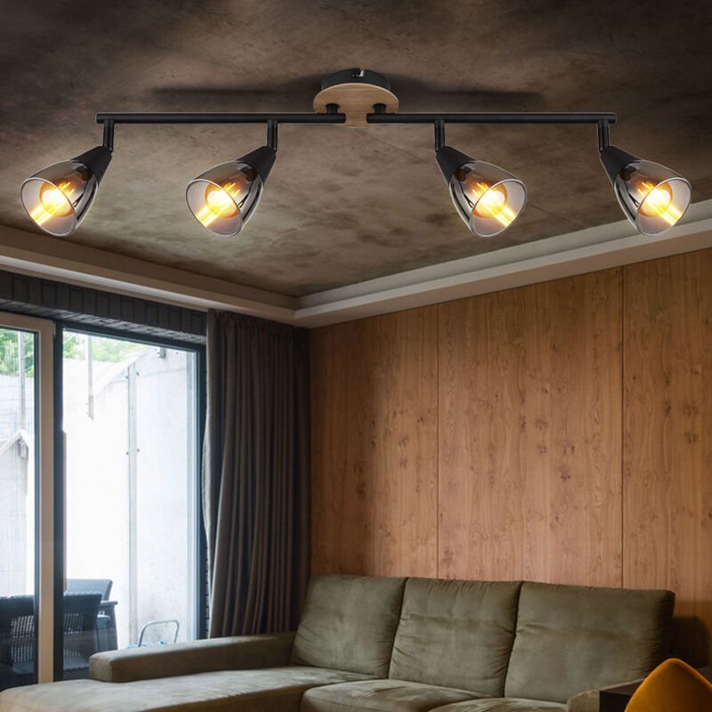 Deckenleuchte Deckenlampe Wohnzimmerleuchte Esszimmerlampe Schlafzimmerleuchte, Metall schwarz Holz braun Glas rauchfarb...