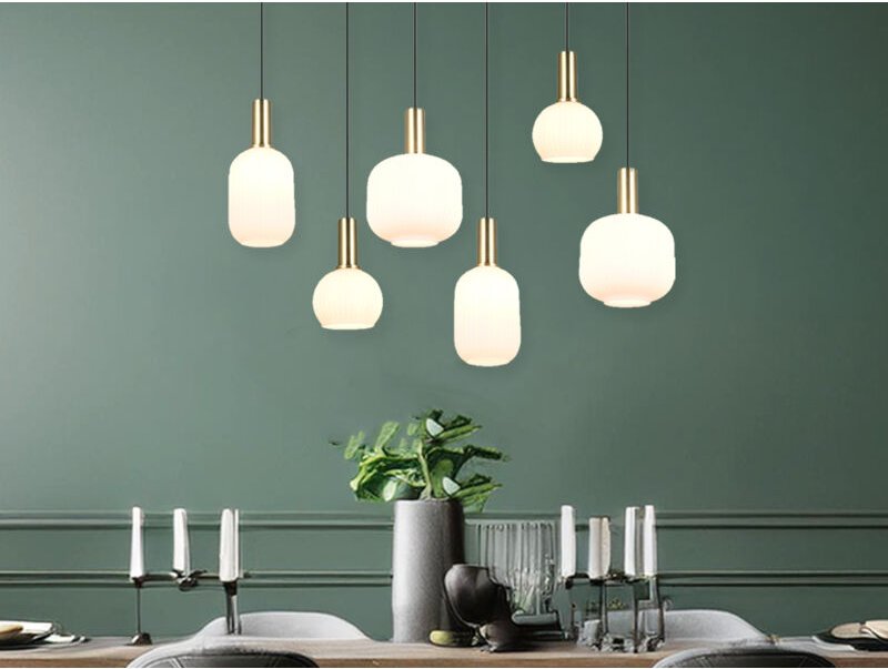 Retro led Pendelleuchte 6-flammig mit Glasschirmen in Weiß, Breite 92cm