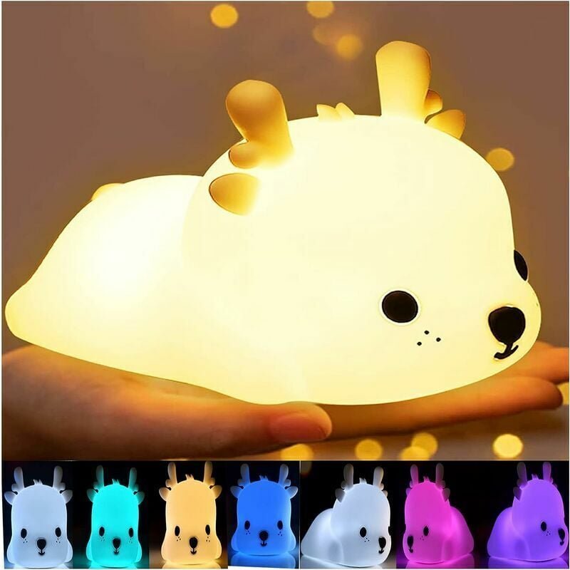 Thumbnail - Jalleria - Hirsch-Nachtlicht, Baby-Kind-Nachtlicht, tragbares LED-Silikon, warmer Dual-Lichtmodus, 7 Farbwechsel, empfin...