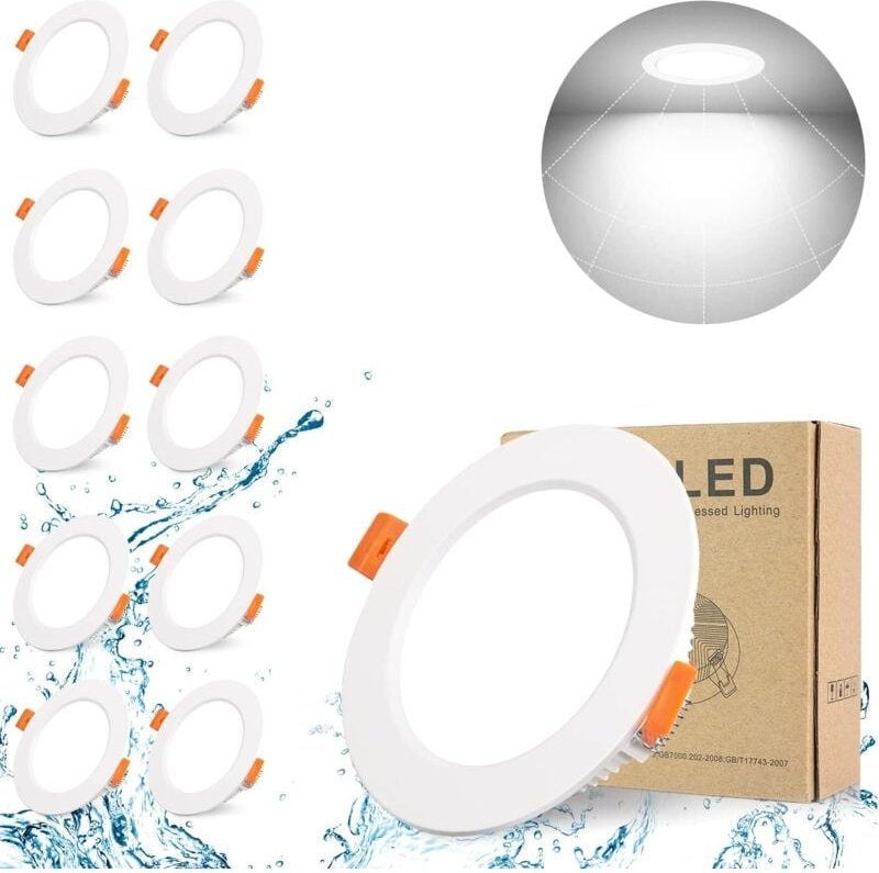 10er-Pack extra flacher LED-Einbaustrahler für Badezimmer, weiße IP44-LED, 5 w, 500 lm, entspricht 50 w Glühlampe, Kaltw...