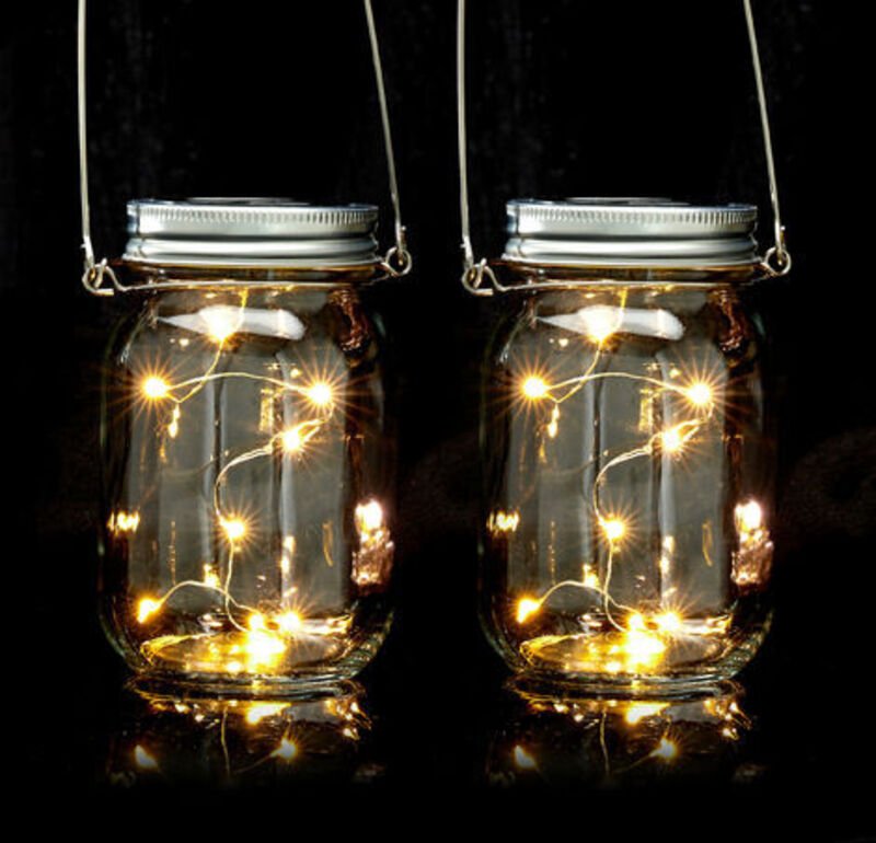 Solar Glas 2er Set, je 8 led im Einmachglas, stellen oder hängen, Solarleuchte für den Garten, transparent - Relaxdays