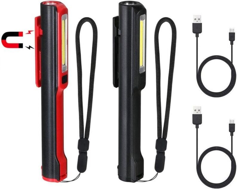 LED-Arbeitsleuchte, 2 Stück COB-Taschenlampe, 3 W, wiederaufladbar über USB mit Magnetclip, 400 Lumen, 5 Modi, 2-in-1-AB...