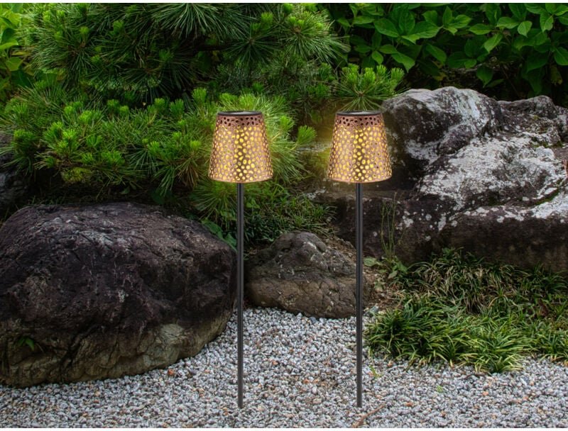 Meinewunschleuchte - 2er Set led Solar Erdspießleuchten mit Dekorstanzungen in Kupfer-Gold, Höhe 70cm
