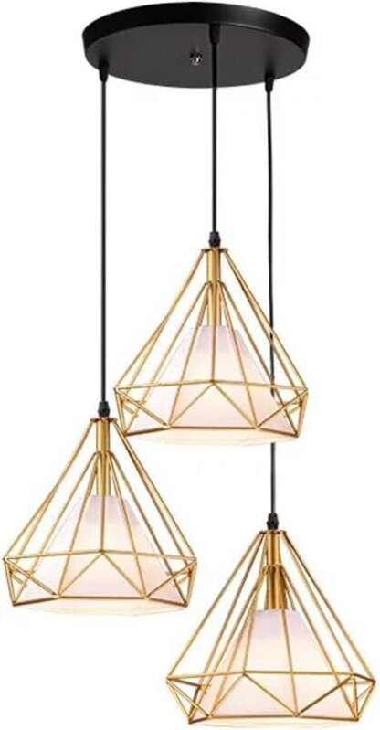 Pendelleuchte Vintage Gold, Hängelampe Diamant Käfig E27 Höhenverstellbar für Esstisch Küche Wohnzimmer Cafét (3 flammig...