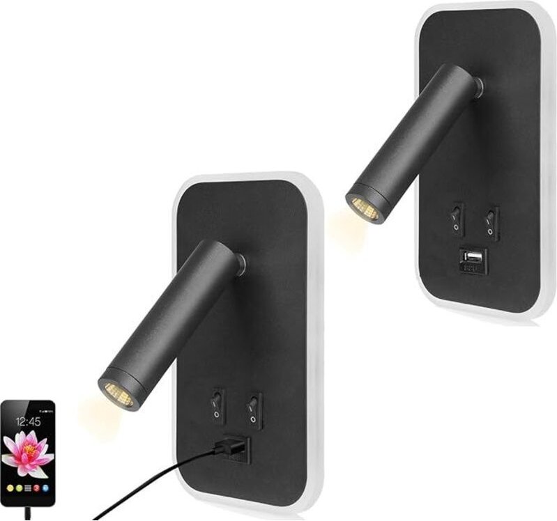 Set mit 2 LED-Wandleuchten, Nachttischlampen mit Schalter, USB-Ladeanschluss, einstellbarer Ambientebeleuchtung fürs Sch...