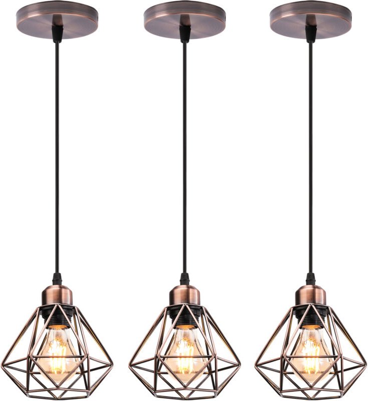 Industrielle Pendelleuchten, 3x Kupferrot Hängelampe aus Metall E27 Vintage Hängeleuchte im Diamant Käfig für Küche Wohn...
