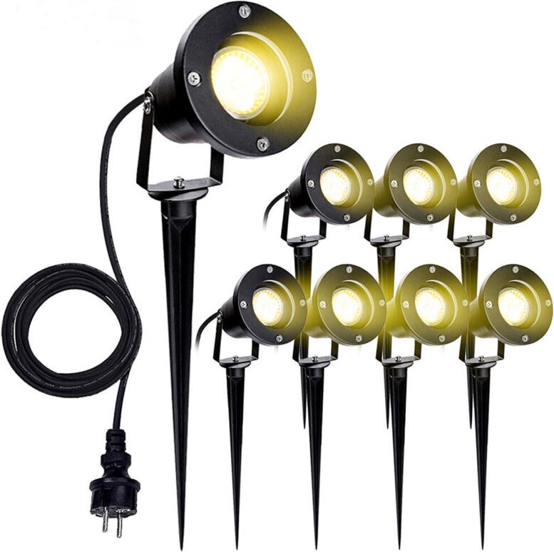 Wolketon Gartenleuchte Led Gartenstrahler Warmweiß 8er Pack LED Gartenbeleuchtung IP65 4W GU10 Mit Erdspieß Stecker Auss...