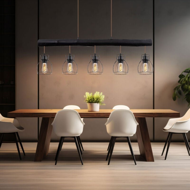 Pendelleuchte Holzstab Hängelampe Vintage Holz Esstischlampe Pendellampe mit fünf Käfigschirmen, Metall schwarz matt, 5x...