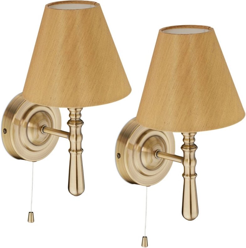 Wandlampe mit Schirm, 2er Set, Zugschalter, Flur & Wohnzimmer, E14, Stoff, Metall, HxBxT: 28x16x19 cm, messing - Relaxda...