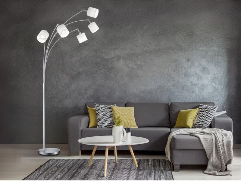 Led Stehleuchte 5 flammig Metall Silber Stoffschirm Weiß, Höhe 200cm