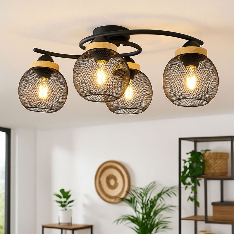 Deckenleuchte 4-Flammig Deckenlampe Holzakzent Wohnzimmerleuchte Gitterschirme schwarz, Metall, 4x 7W 806lm warmweiß, Lx...