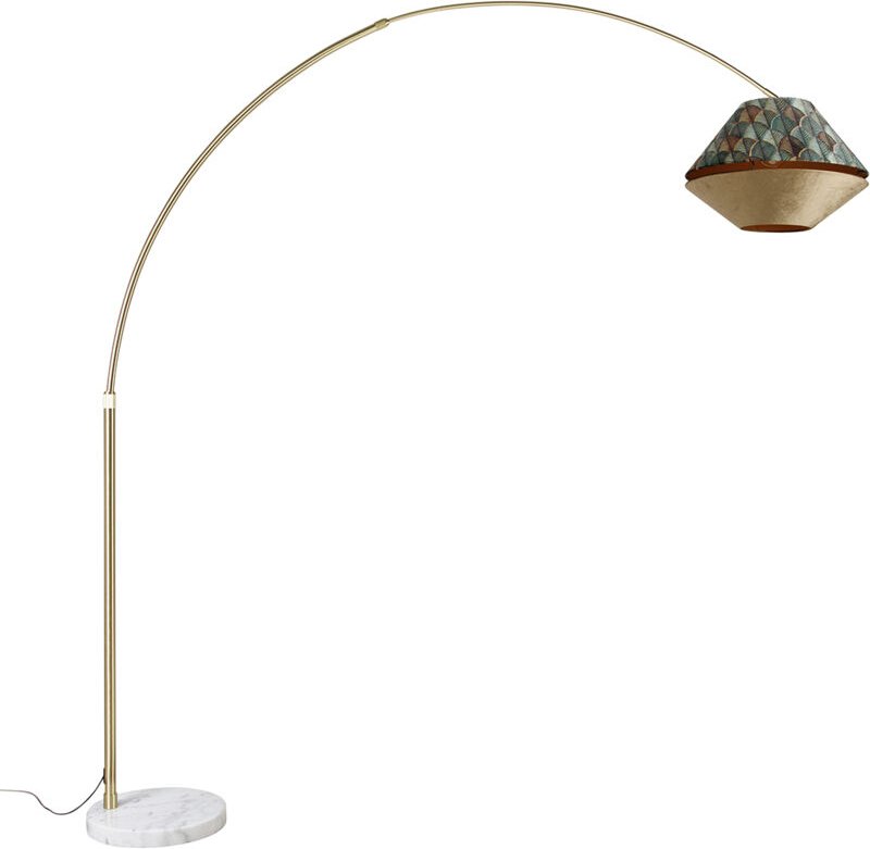 Bogenlampe aus Messing mit doppeltem, weißem Samtschirm, Blattdesign und Beige - xxl