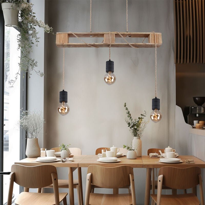 Pendelleuchte Holzlampe 3 flammig Esstischlampe Paletten Design Hängelampe zum verstellen, Metall Holz, schwarz braun, 3...