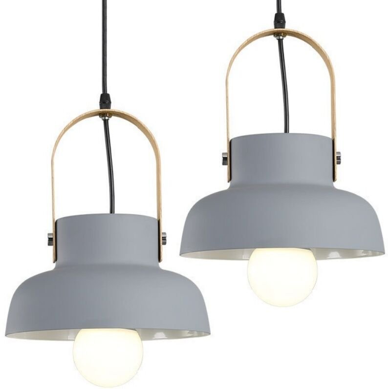 E27 Modern Hängeleuchte Schwarz Pendelleuchte Lampenschirm Kreative Metall Holz Deckenleuchte Grau 2 Stücke