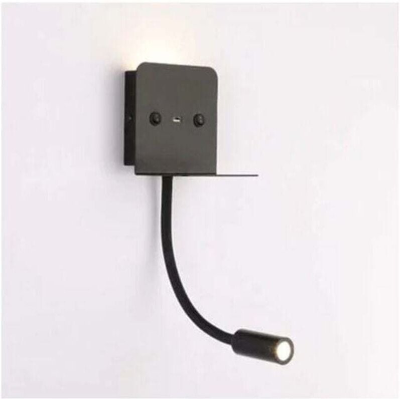 Slange 3W LED-Wandleuchte + Leselampe mit USB-Anschluss - Schwarz - Ulisem
