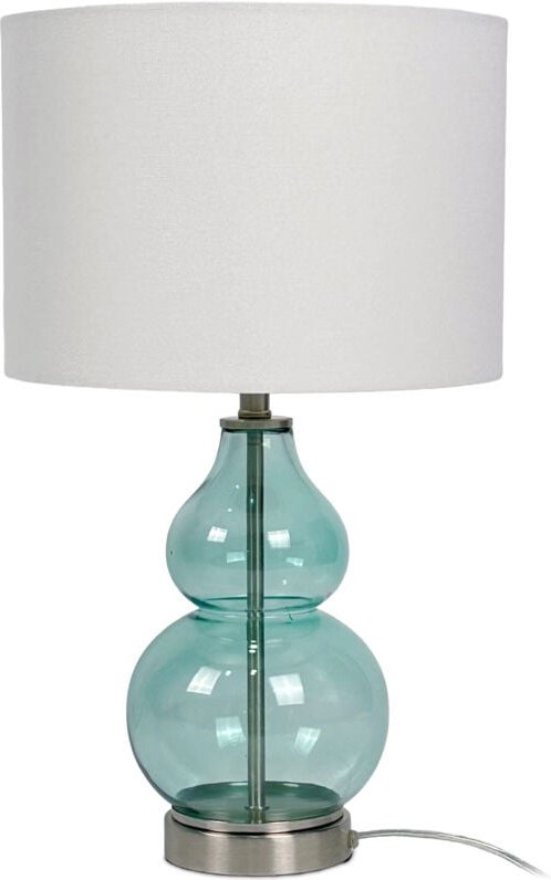 Relaxdays Tischlampe, Glasfuß & Stoffschirm, E14, HxD: 44 x 26 cm, Nachttischlampe mit Kabel, Schlafzimmer, weiß/blau