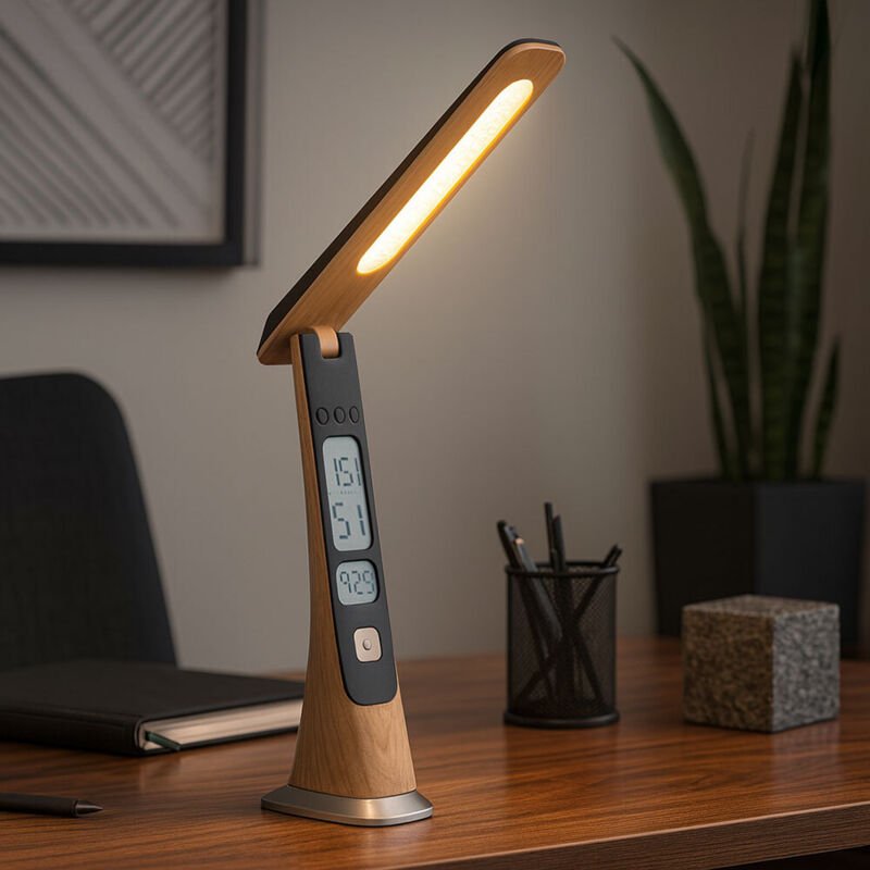 Tischleuchte Schreibtischlampe led Touch-Dimmer usb-c Uhr Akku Holzoptik Gold