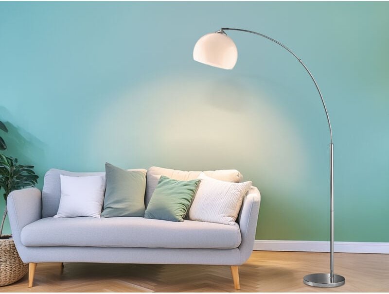 Bogenlampe Designklassiker BRASILIA Silber Chrom mit Acrylschirm, Höhe 180cm