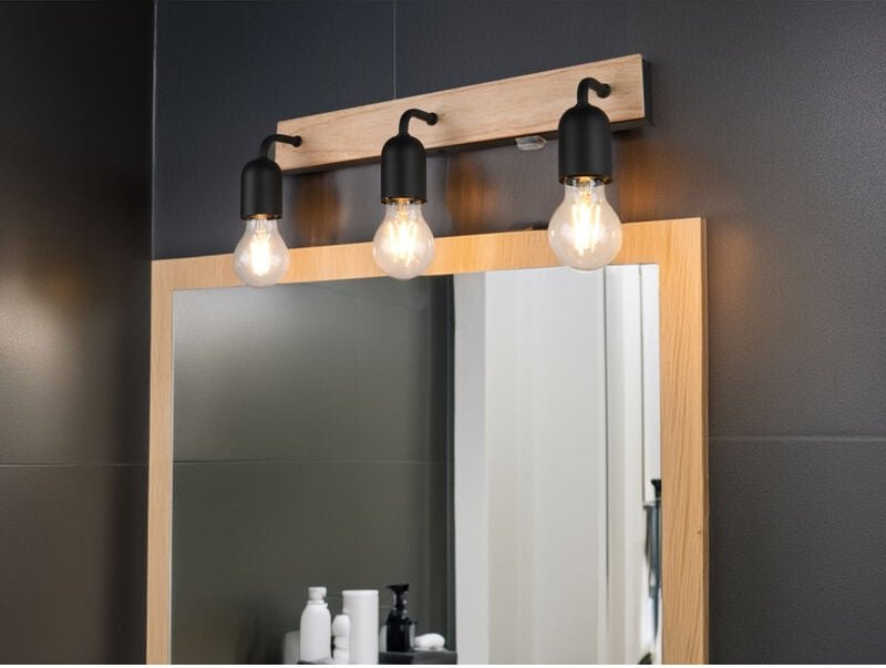 Meinewunschleuchte - led Bad Wandleuchte mit Holz und Schalter, 3-flammig Breite 45cm