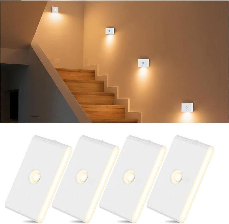 Set mit 4 bewegungsaktivierten Nachtlichtern, 3 Farben und einstellbarer Helligkeit, wiederaufladbare Innenlampe für Tre...