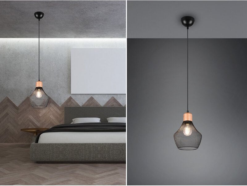 Vintage led Pendelleuchte Drahtgeflecht Schwarz mit Holz, ø 18cm