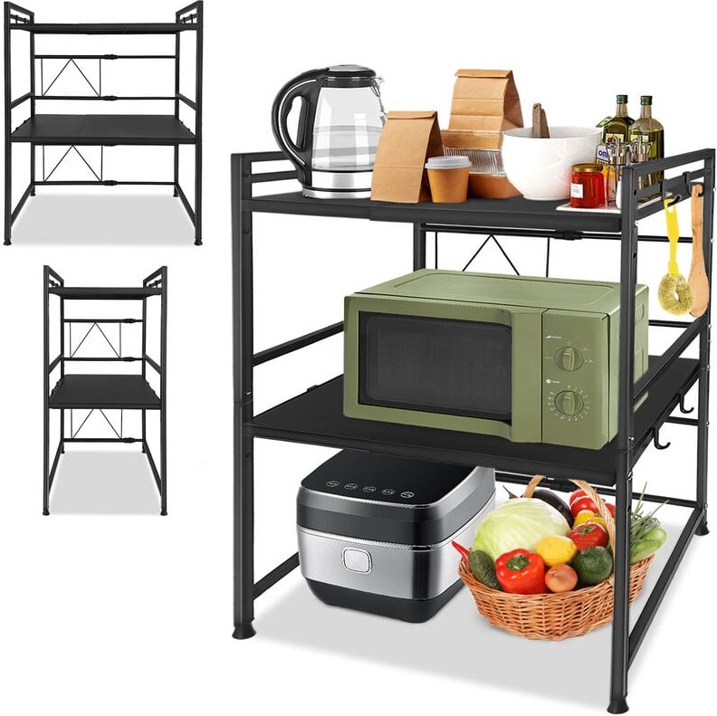 Kücheneinrichtung & Zubehör Mikrowelle Regale Erweiterbares 3-stufiges Küchenregal mit 8 Haken Küchenarbeitsplatten Heng...