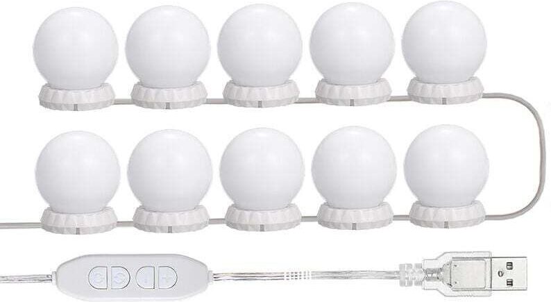 LED-Tischspiegel-Lichtset mit 10 einstellbaren Glühbirnen, 10 Helligkeits- und 3 Beleuchtungsmodi, USB-Typ, Weiß - Weiß