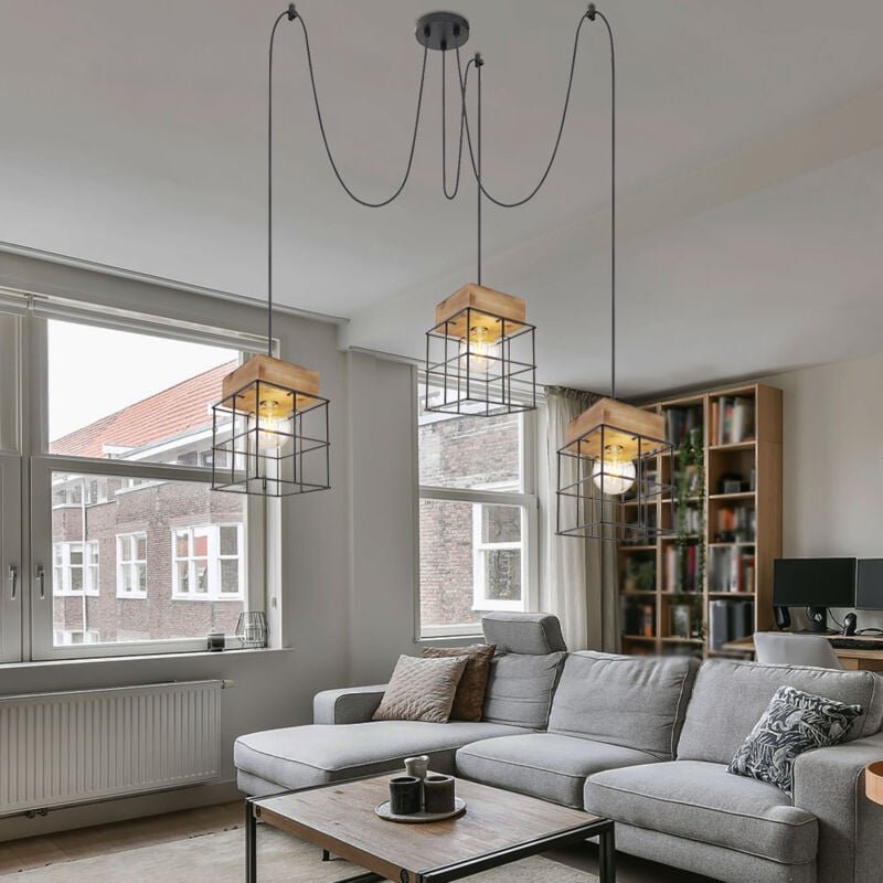 Pendelleuchte 3 flammig Vintage Esszimmerleuchte Holz Vintage Hängeleuchte, Metall schwarz braun, 3x E27 Fassungen, DxH ...