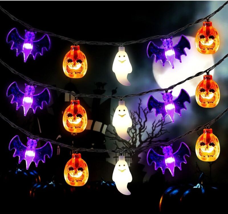 Halloween-Lichterkette, batteriebetrieben, 6 Meter, 30 LEDs, Kürbis-, Fledermaus- und Geisterlichter mit Timer – 8 Licht...