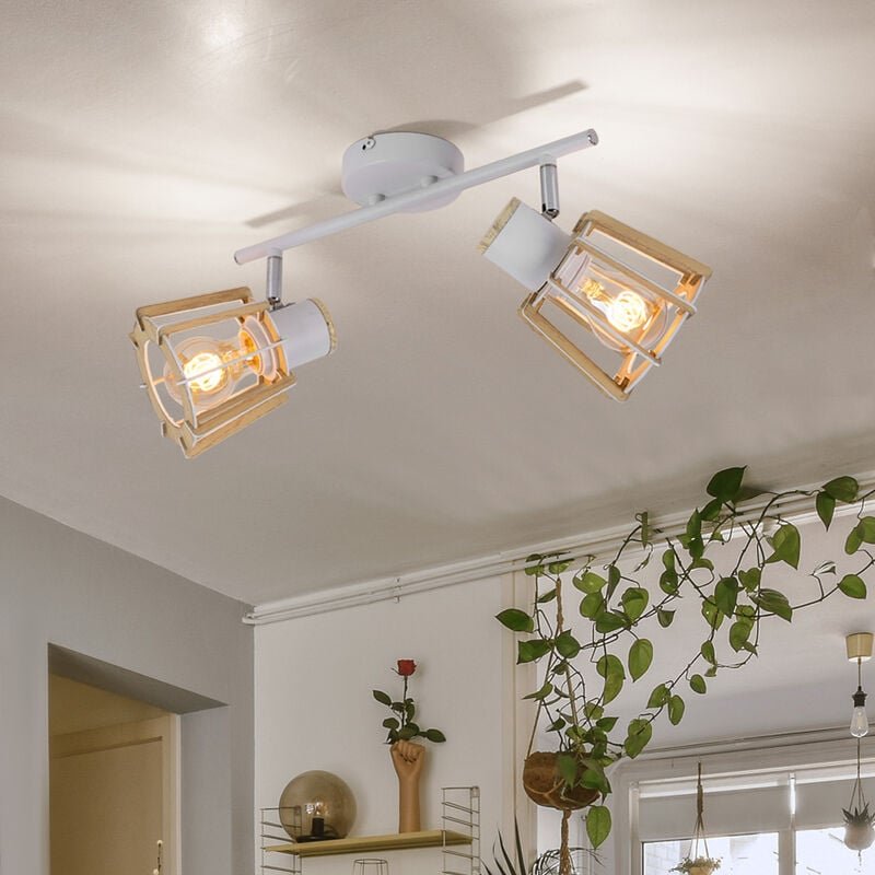 Deckenleuchte weiss Deckenstrahler Holz Spotlampen für Decke, 2 flammig Spots beweglich, Landhausstil Holzoptik Metall w...