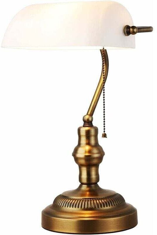 Retro-Tischlampe, Banker-Schreibtischlampe aus weißem Glas, mit Messingsockel, Zugkettenschalter, für Büros, Arbeitszimm...