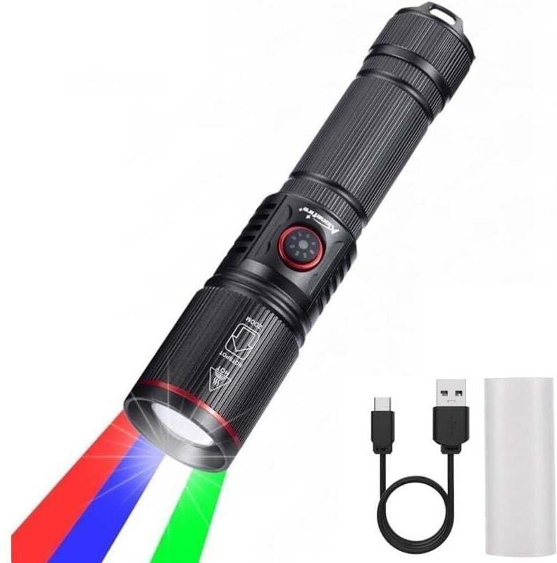 SV96 RGBW 4-Farben-LED-Taschenlampe, USB-C-aufladbar, Weiß, Grün, Blau, Rotblitz, Zoom-Taschenlampe mit mitgeliefertem A...