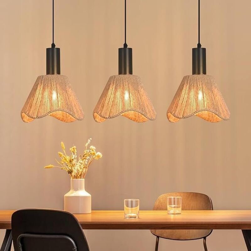 GBLY Hängelampe Boho Rattan 3 Flammig Vintage Geflochten Hanfseil E27 Ohne Leuchtmittel Für Esszimmer Schlafzimmer