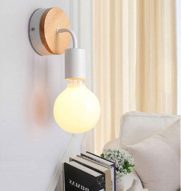 Wandleuchte Innen Vintage Wandlampe Lampe aus Holz Metall E27 für Flur Wohnzimmer Schlafzimmer Esszimmer (Weiß)