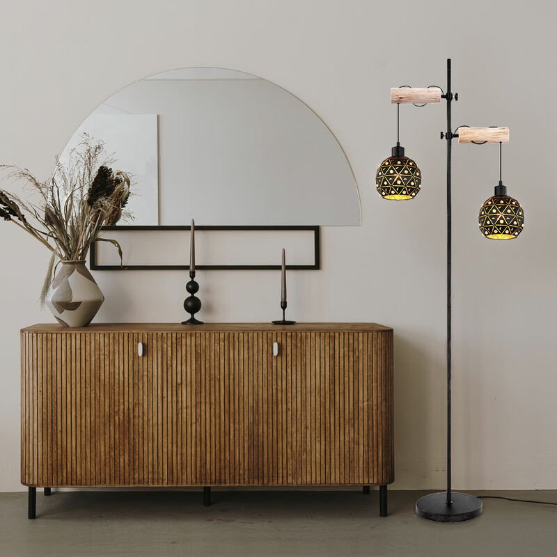 Stehlampe Vintage Holz Stehleuchte Standleuchte Retro höhenverstellbar mit Kristall Schirmen, Metall, 2x E27 Fassung, Lx...