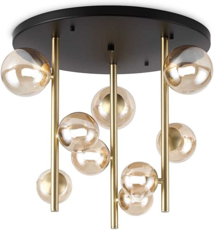 Ideal Lux - perlage 9-flammige Kugel-Deckenleuchte aus Messing, bernsteinfarbener Glasschirm