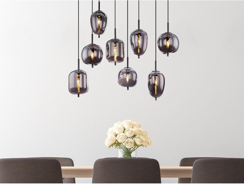 Meinewunschleuchte - led Pendelleuchte mit 8 Rauchglaskugeln Metall Schwarz, Breite 94cm