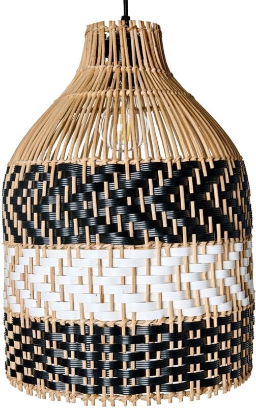 Hängelampe Schwarz und Weiß Rattan Lampenschirm Natur Boho Stil Geflochten Handgemacht Pendelleuchte Hängeleuchte Esszim...