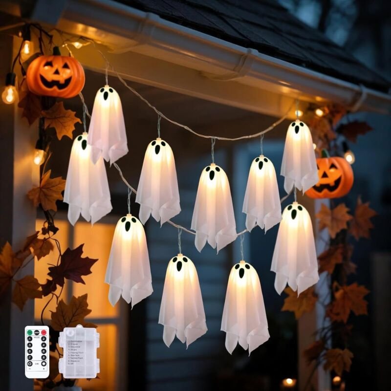10 LED-Lichterkette mit batteriebetriebenen Halloween-Geistern, 8 Modi und Timer, wasserdichte Innen-/Außendekoration, g...