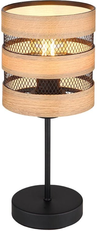 Tischleuchte Tischlampe Beistellleuchte, Nachttischlampe mit Holzdetails, Gitterschirm, Metall, schwarz, braun, matt, 1x...