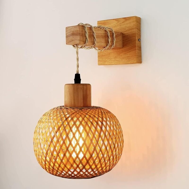 Vintage Wandleuchte für den Innenbereich, Wandlampe aus Holz und Metall, E27 Retro Käfig-Wandlampe mit Rattanschirm für ...