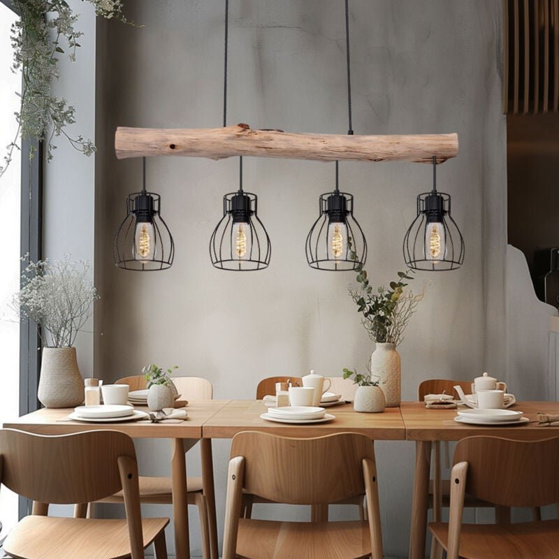 Esstischleuchte Hängelampe 4 flammig Pendelleuchte mit Holzbalken Pendellampe Gitterschirme, Metall schwarz Holz natur, ...