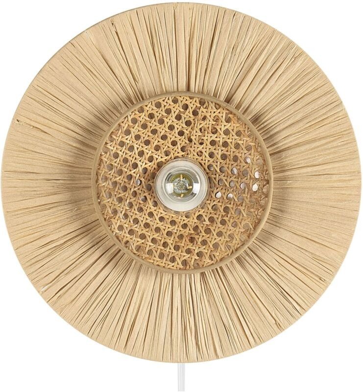 Wandleuchte Natürlich Papier und Rattan Rund Wiener-Geflecht Glühbirnen-Optik Kabel mit Schalter Modern Boho Japandi Ska...